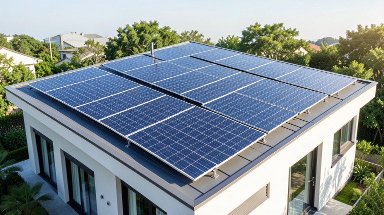 panneaux solaires et photovoltaiques installés sur le toit d'une maison moderne, capturés en haute résolution