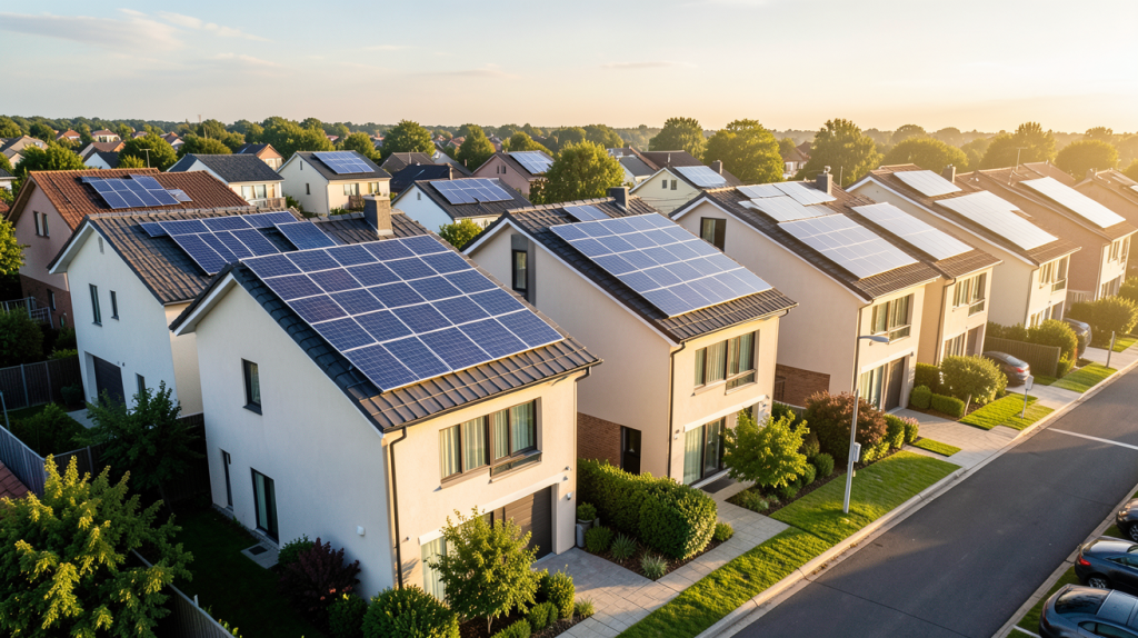 panneaux solaires et voisinage avec des installations photovoltaïques sur les toits de maisons en quartier résidentiel