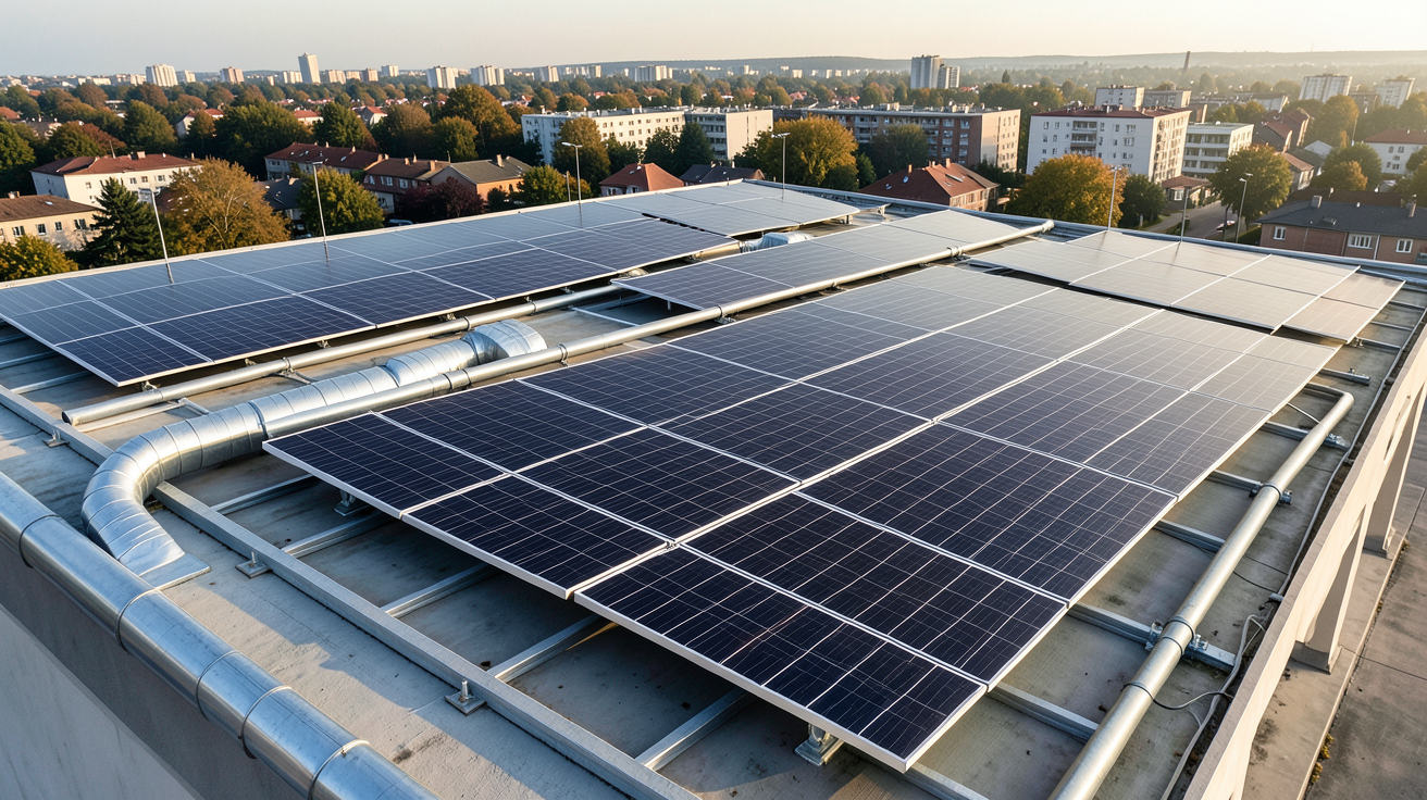 panneaux solaires hybrides aérovoltaïques installés en toiture avec conduits de ventilation