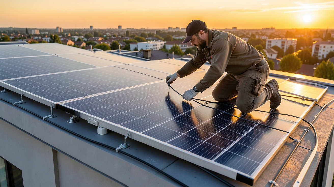 panneaux solaires hybrides en cours d'installation sur le toit d'une maison moderne en 2024