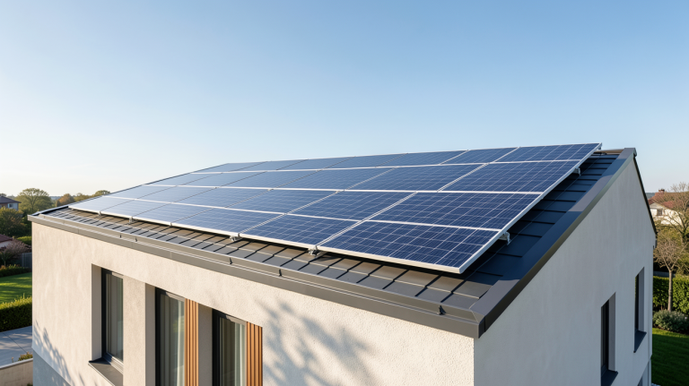 panneaux solaires hybrides installés sur le toit d'une maison contemporaine
