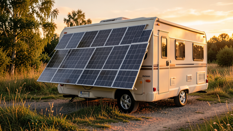 panneaux solaires nomades installés sur un camping-car en pleine nature avec coucher de soleil