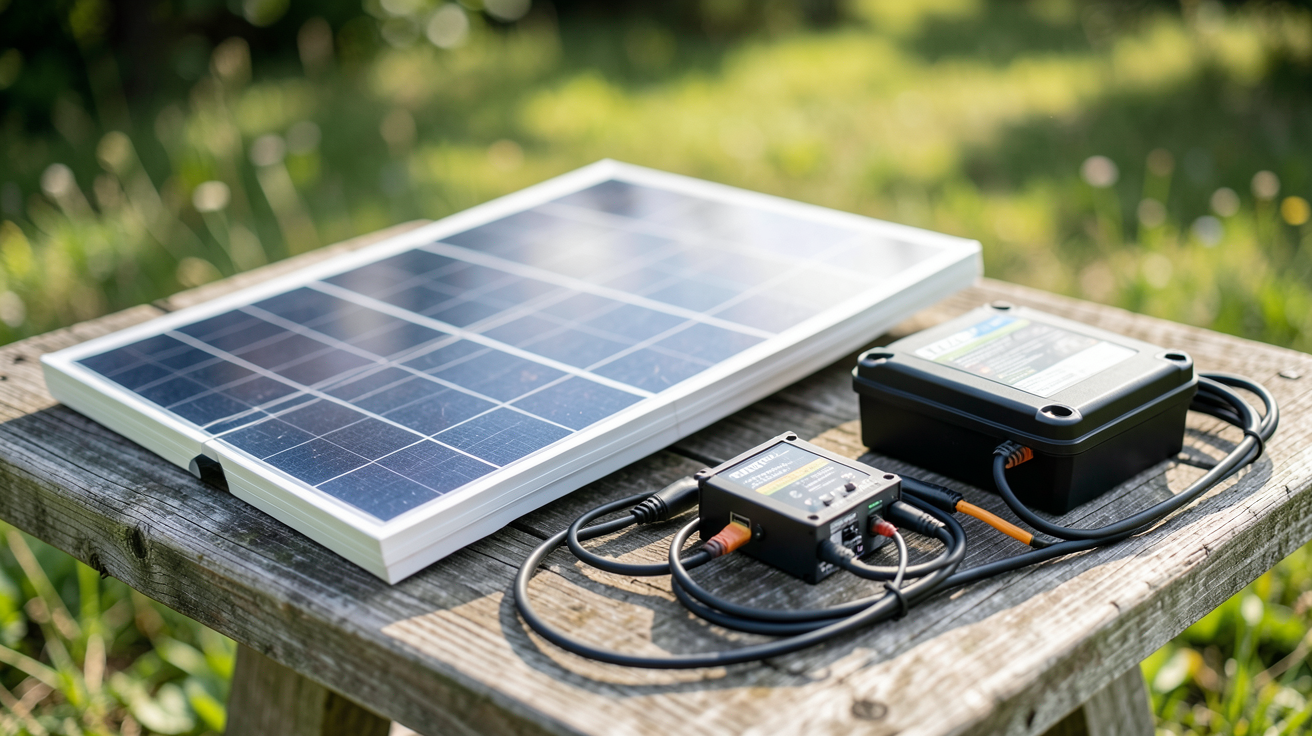 panneaux solaires nomades avec régulateur de charge, batterie portable et câbles posés sur une table en bois en extérieur