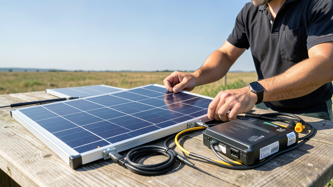 panneaux solaires nomades installation pas à pas déballage des composants sur une table en bois