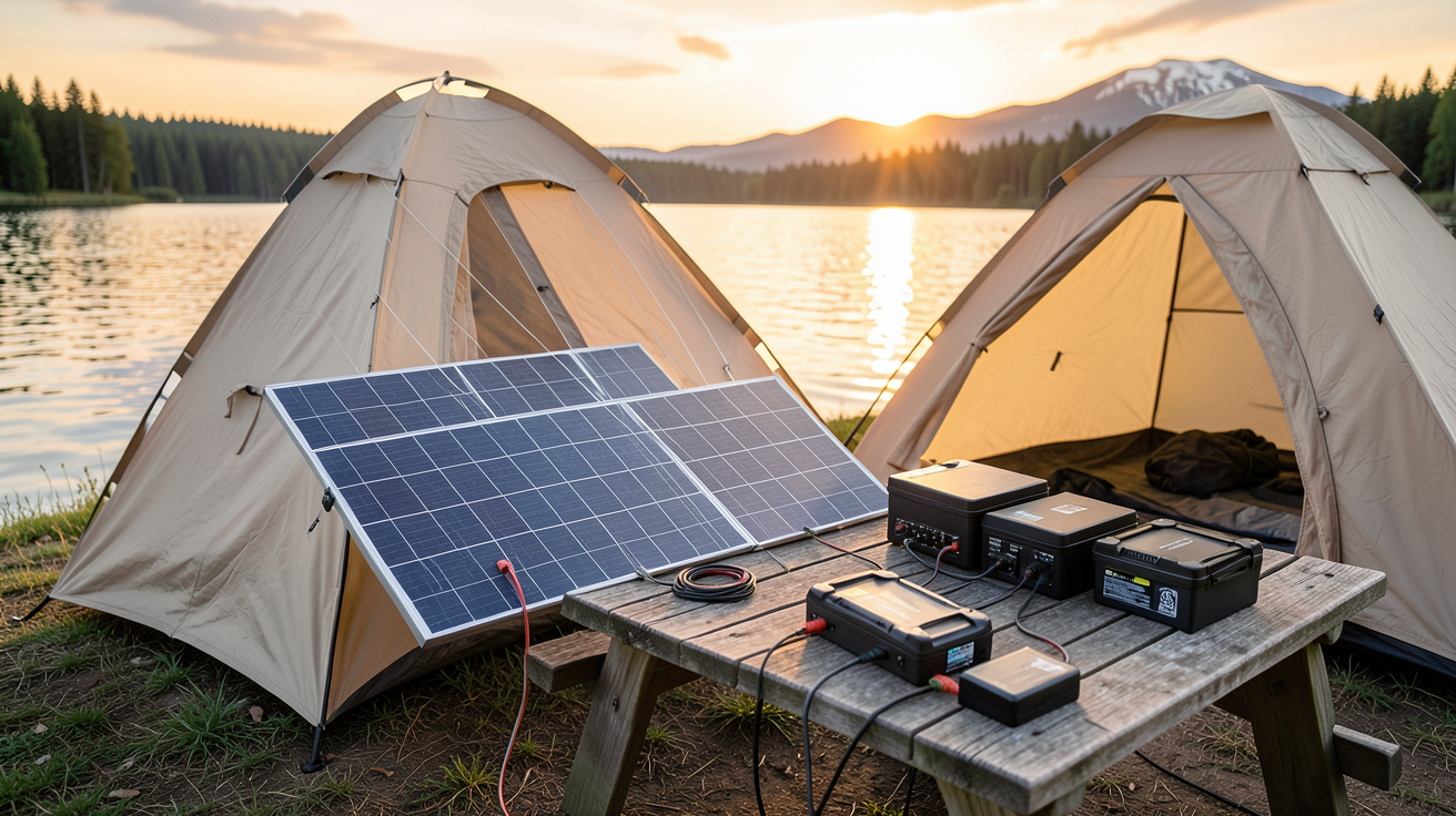 panneaux solaires nomades installés en bord de lac avec une tente de camping et des batteries portables