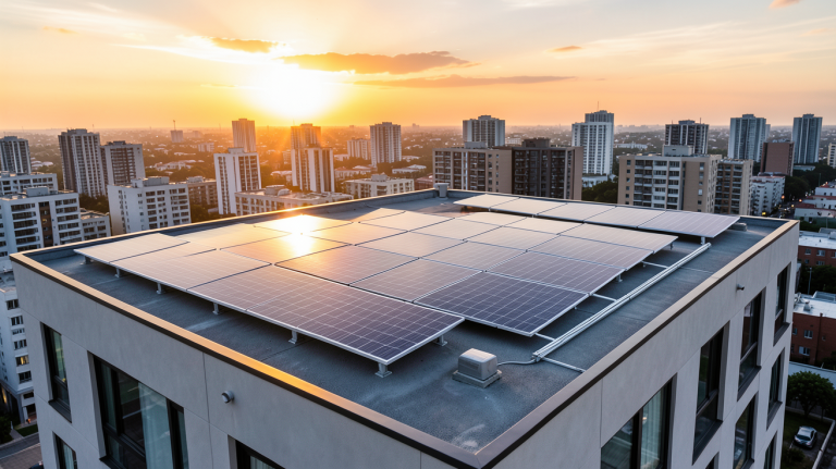 panneaux solaires nouvelle génération installés sur le toit d'une maison urbaine moderne