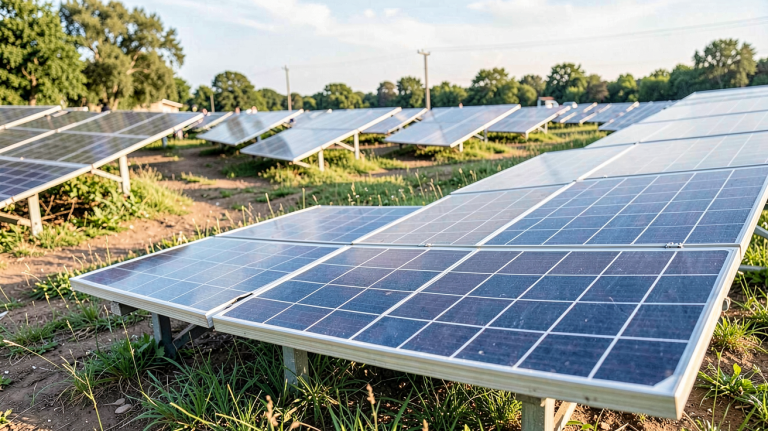 panneaux solaires photovoltaïques photographié en situation réelle, illustration de l'article