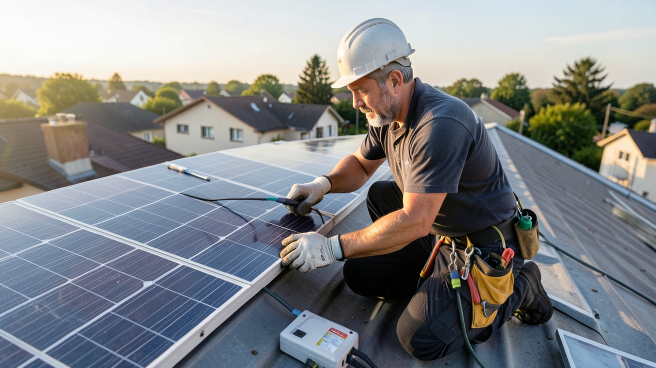 panneaux solaires plug and play installation en sécurité sur un toit résidentiel avec équipement de protection