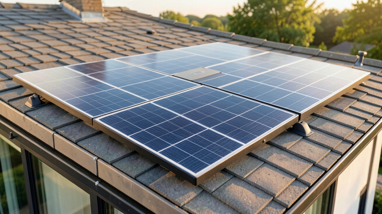 panneaux solaires plug and play installés sur le toit d'une maison avec un boîtier de connexion discret