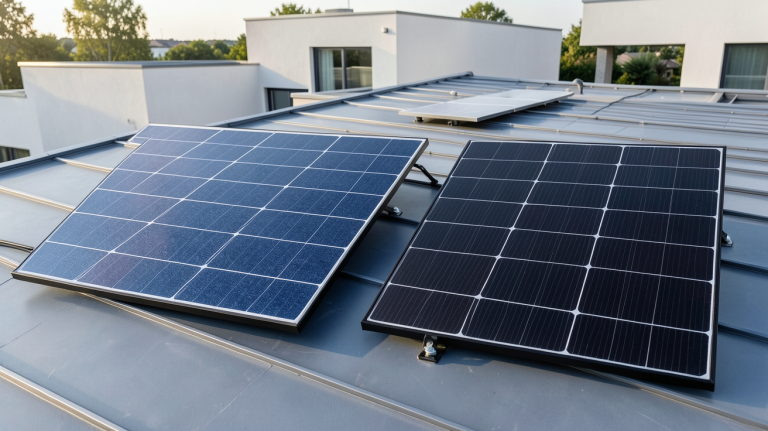 panneaux solaires polycristallins et monocristallins installés sur un toit de maison moderne