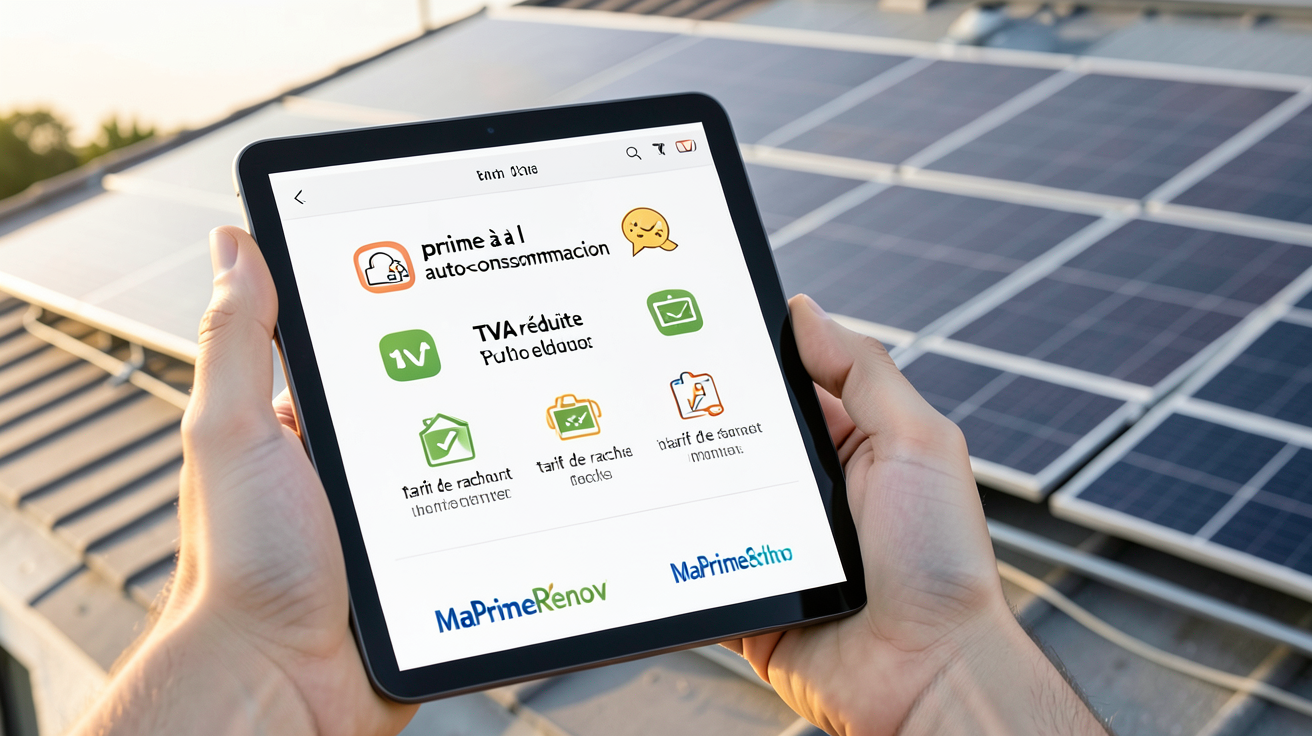 panneaux solaires prix représentant les aides financières 2026 : prime à l'autoconsommation, TVA réduite, tarif de rachat, MaPrimeRénov'