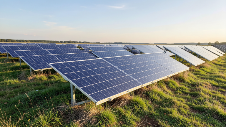 panneaux solaires recyclables installés dans un champ vert sous un ciel dégagé