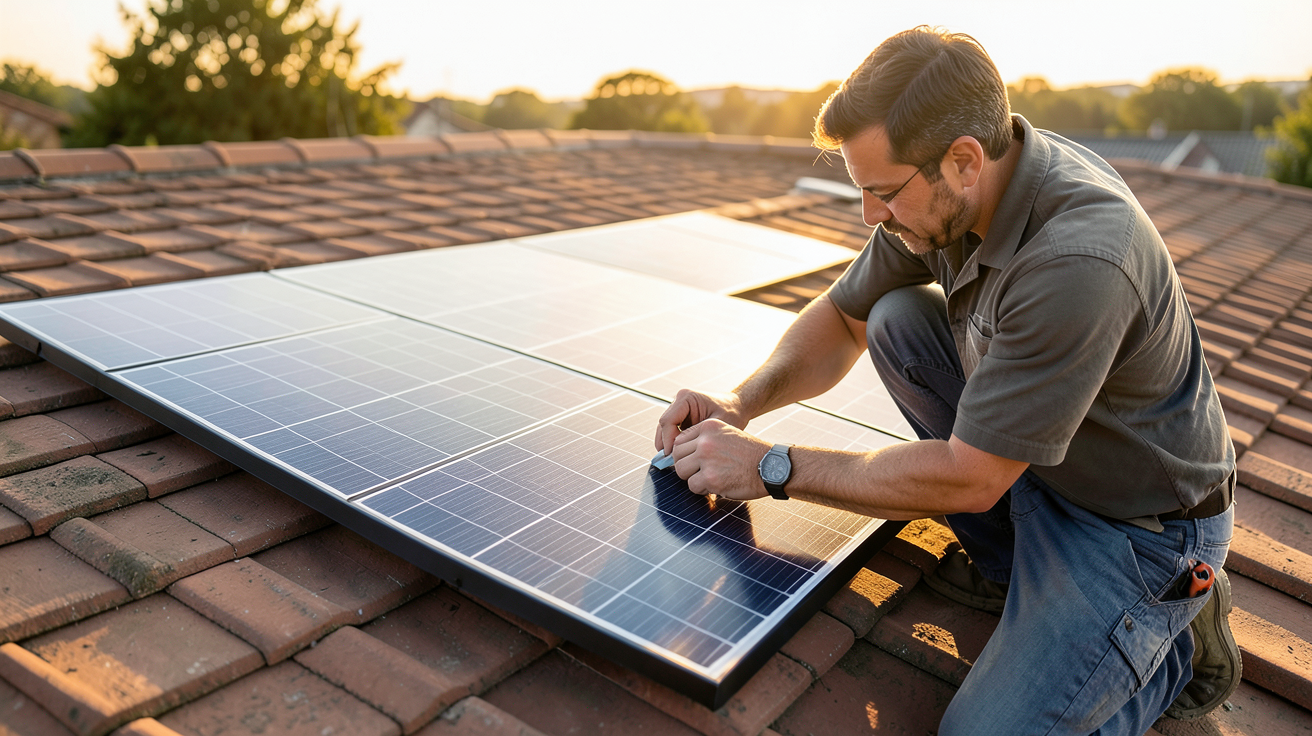 panneaux solaires souples guide d'installation pas à pas montrant un artisan fixant un panneau souple sur un toit