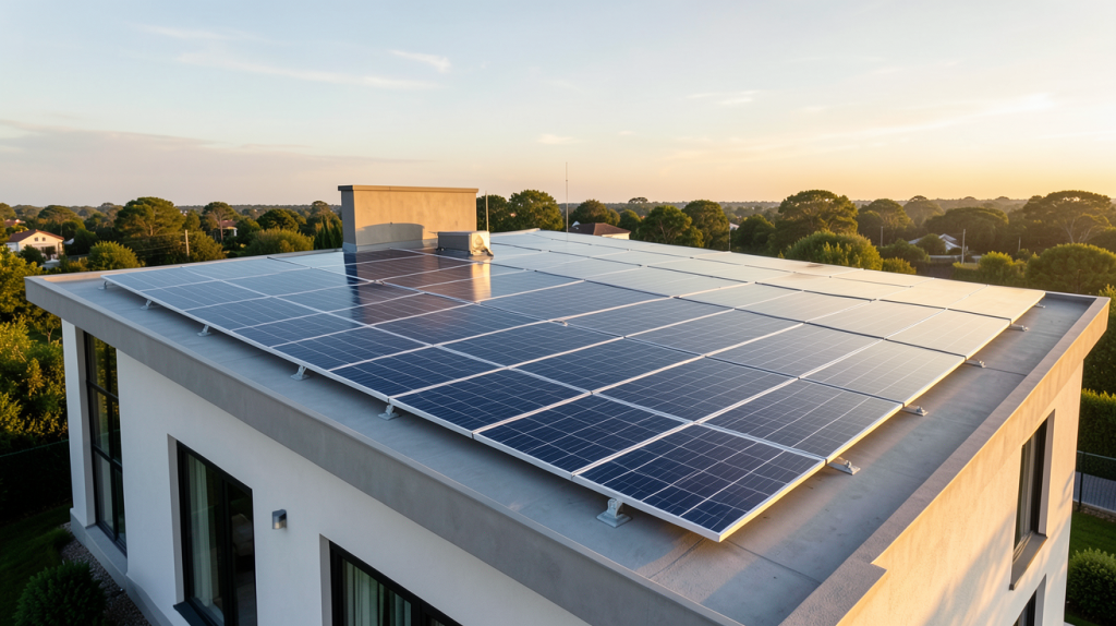 panneaux solaires souples pour toiture installés sur le toit d'une maison contemporaine