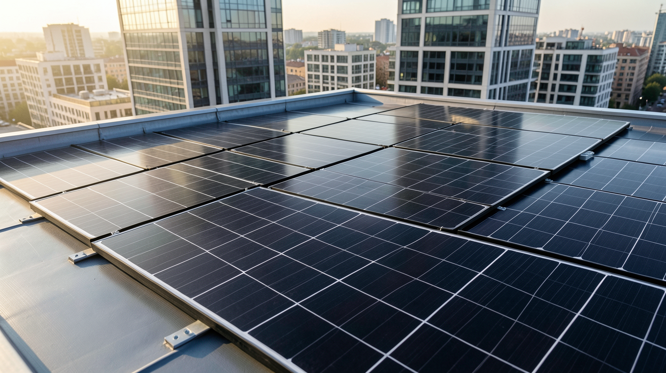 panneaux solaires souples noirs installés sur un toit-terrasse urbain
