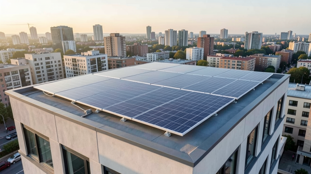 panneaux solaires souples installés sur le toit-terrasse d'un immeuble urbain moderne