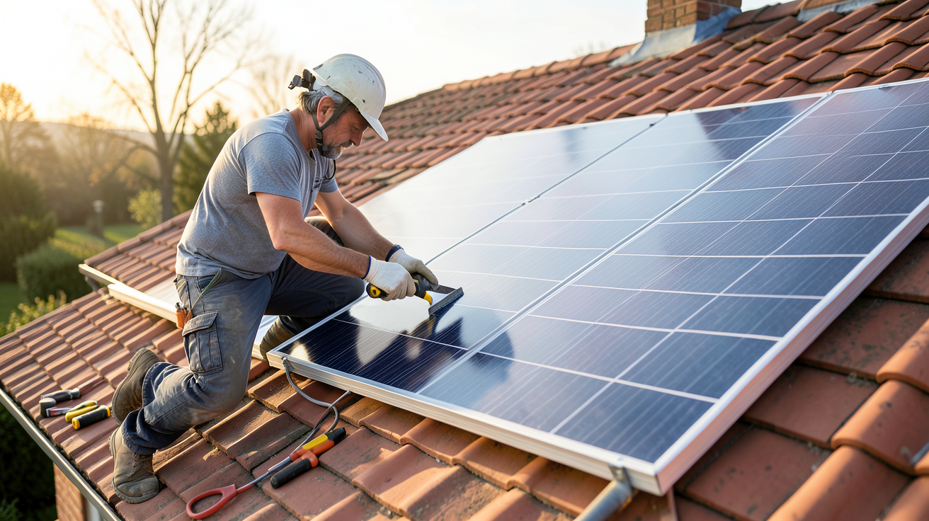 panneaux solaires souples en cours d'installation sur une toiture en tuiles rouges d'une maison