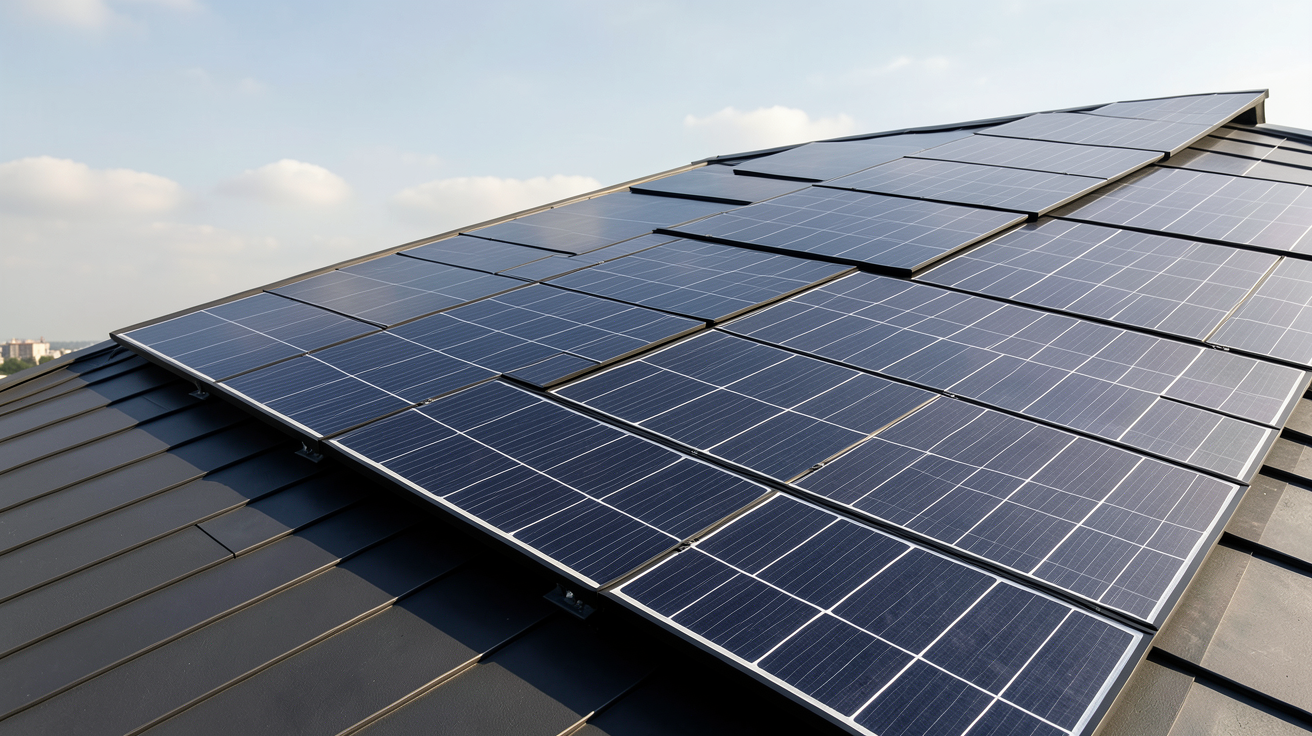 panneaux solaires souples noirs installés sur une toiture moderne d'une maison contemporaine