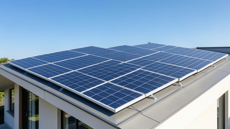 panneaux solaires subventionnés installés sur le toit d’une maison moderne, capturant la lumière du soleil avec un rendu ultra réaliste