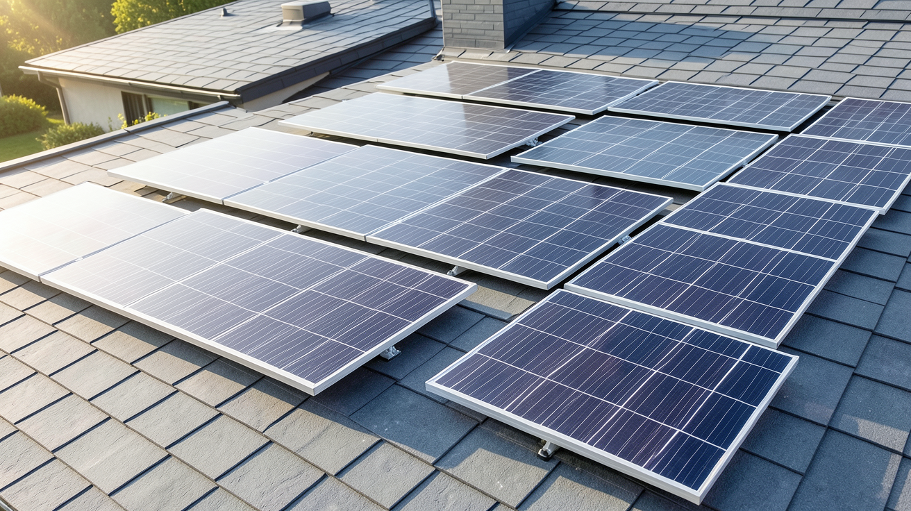 panneaux solaires Sunology présentés sur un toit moderne en tuiles grises