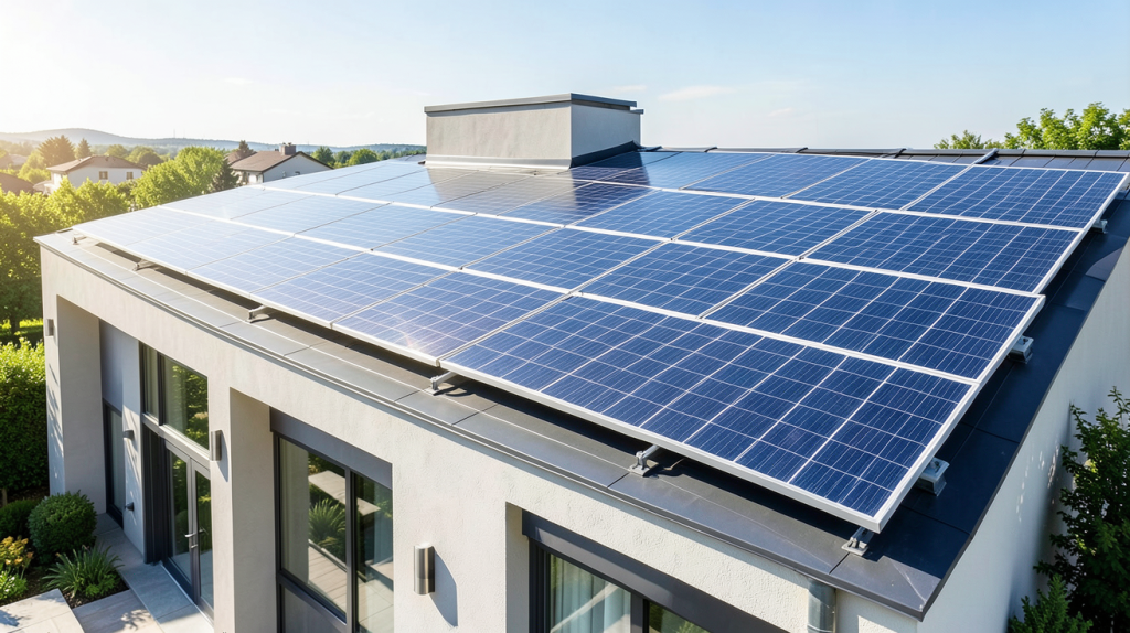 panneaux solaires sunology installés sur la toiture d'une habitation moderne sous un ciel clair.