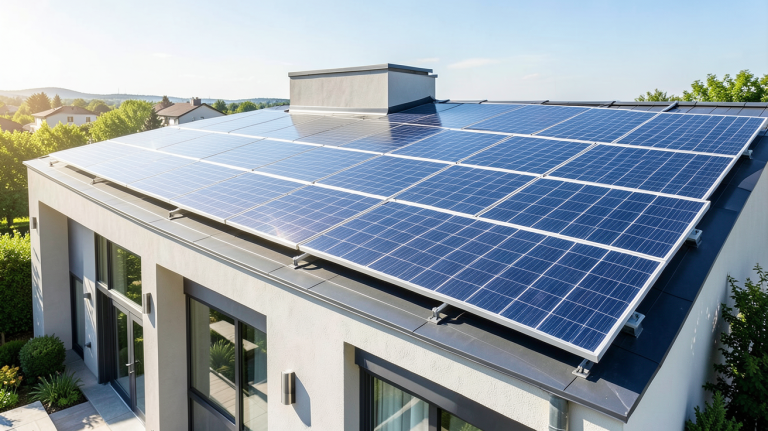 panneaux solaires sunology installés sur la toiture d'une habitation moderne sous un ciel clair.