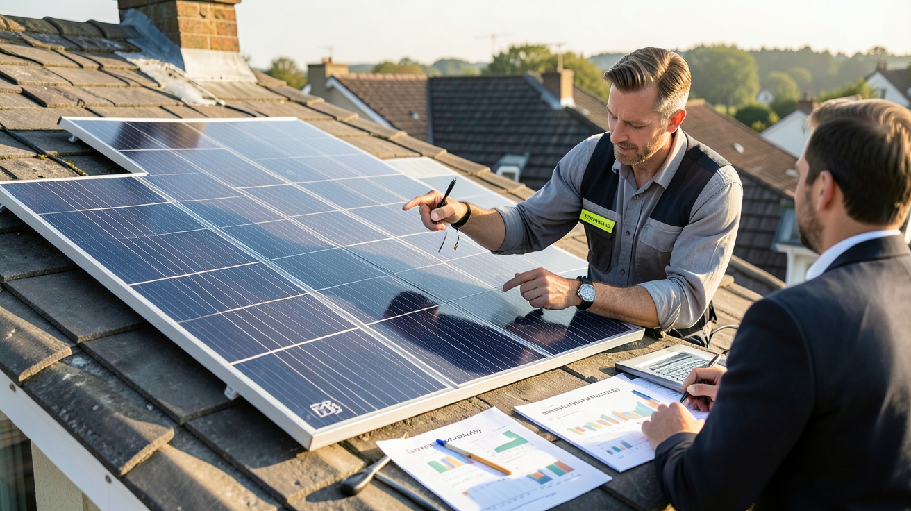 panneaux solaires Sunology sur toit de maison avec professionnel expliquant prix, aides financières et rentabilité