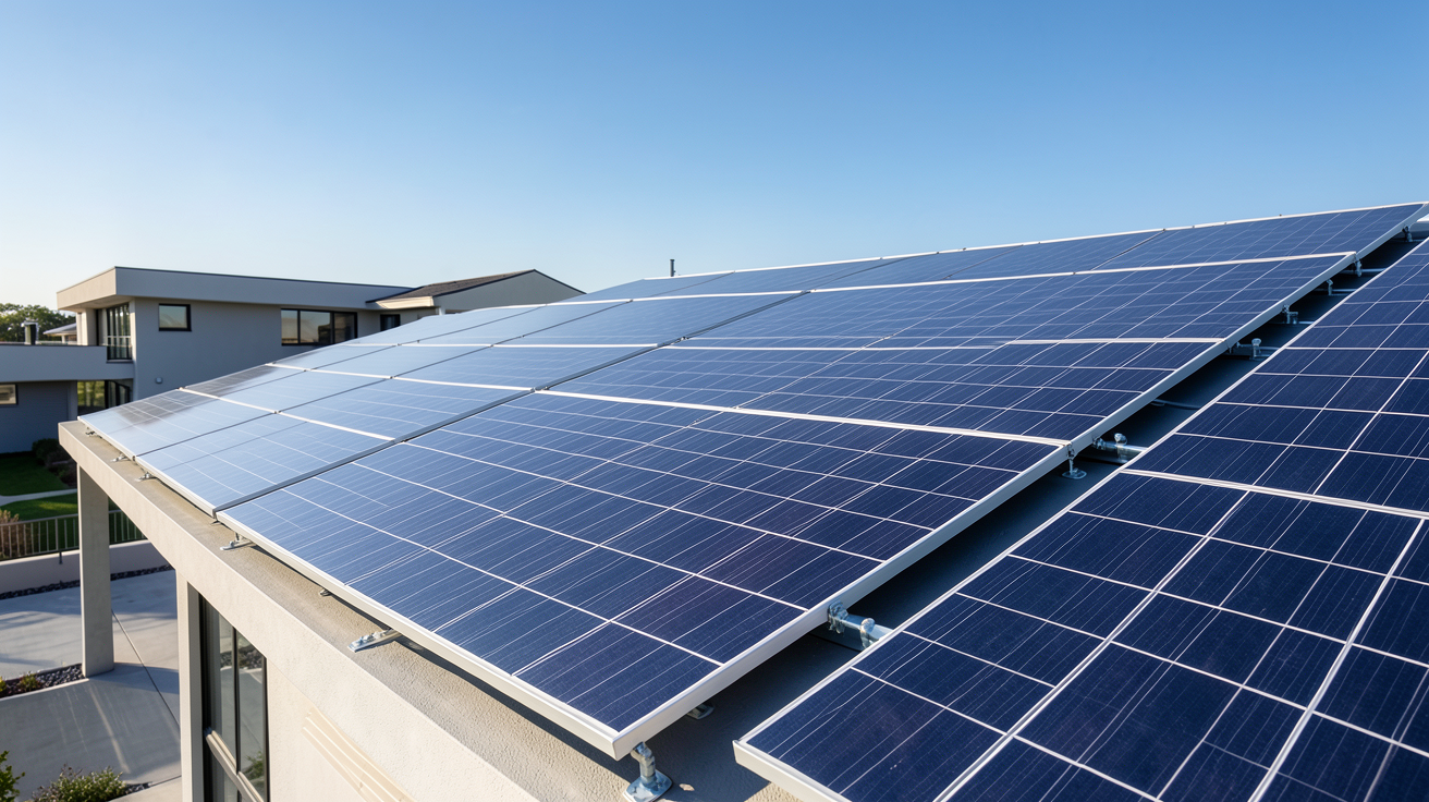 panneaux solaires SunPower installés en toiture d'une maison moderne, vue en contre-plongée