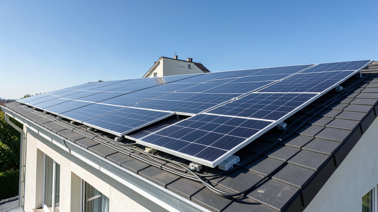 panneaux solaires TotalEnergies installés sur le toit d'une maison moderne sous un ciel bleu