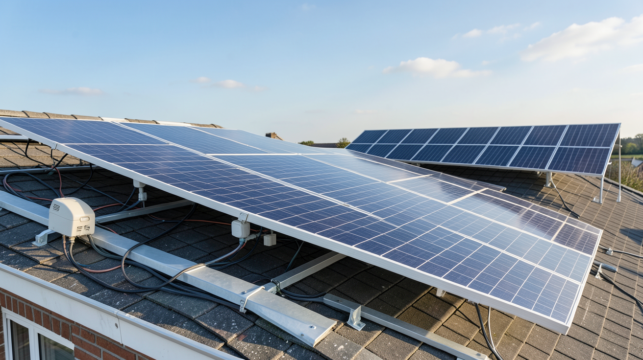 panneaux solaires TotalEnergies installés sur un toit de maison comparés à une installation solaire classique en arrière-plan