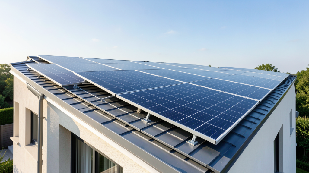 panneaux solaires hybrides prix installés sur le toit d'une maison moderne, vue en plein jour