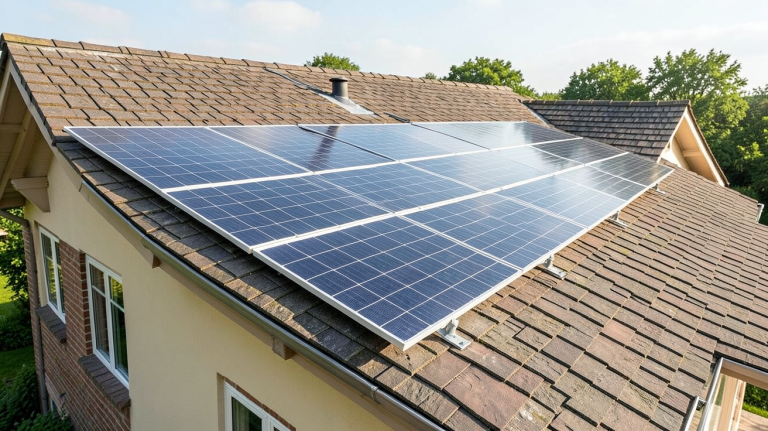 panneaux solaires photovoltaïques prix montrés sur le toit d’une maison moderne, capturés en plein jour avec une lumière naturelle
