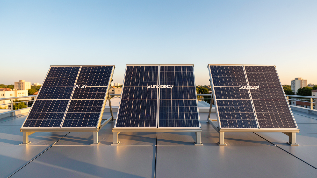 panneaux Sunology : trois kits solaires (PLAY, PLAYMax et GO!) alignés sur un toit ensoleillé