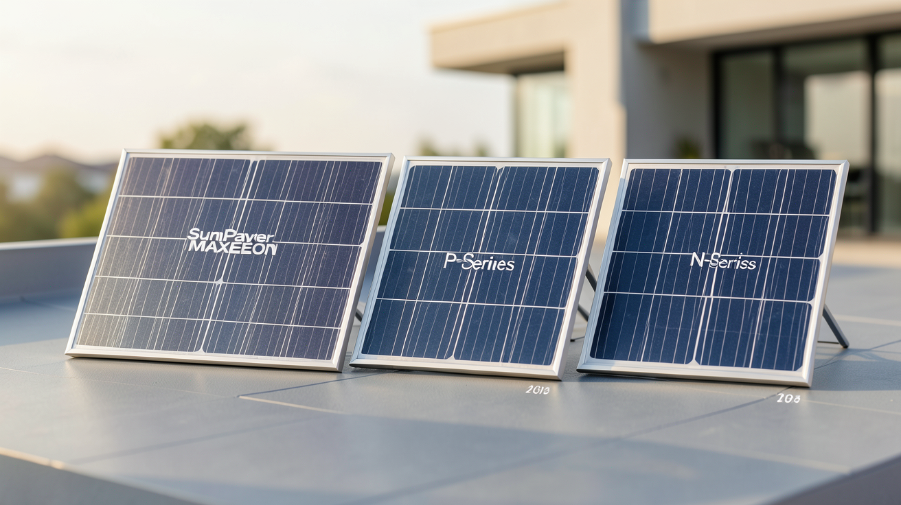 panneaux SunPower Maxeon, P-Series et N-Series disposés côte à côte sur un toit de maison moderne