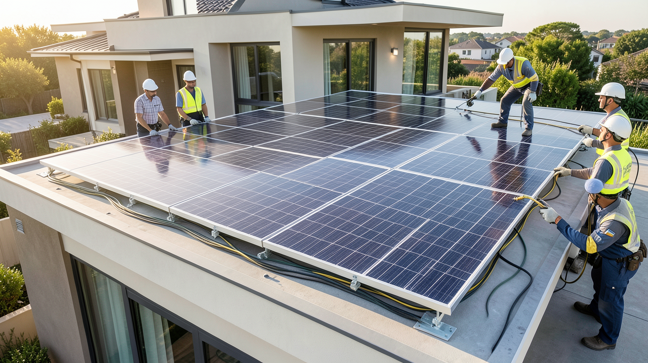 panneaux SunPower en cours d'installation sur le toit d'une maison moderne