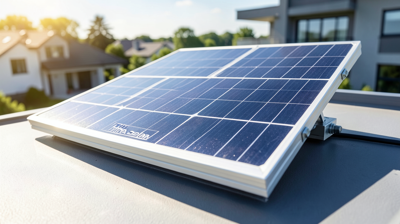 panneaux Trina Solar affichant les certifications Tier 1 et Bloomberg NEF sur un toit résidentiel