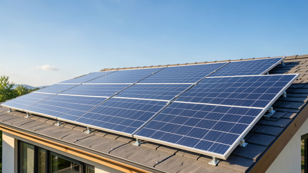 panneaux Trina Solar installés sur le toit d'une maison écologique avec ciel bleu dégagé
