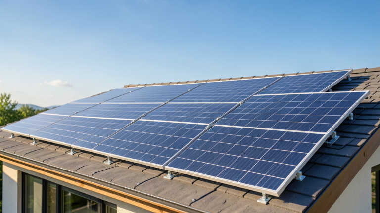 panneaux Trina Solar installés sur le toit d'une maison écologique avec ciel bleu dégagé