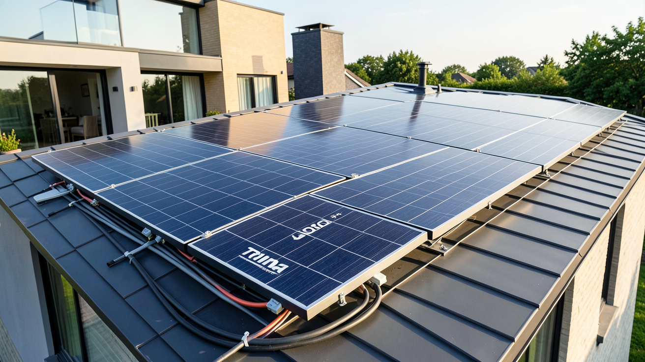 panneaux Trina Solar Vertex S+ installés sur le toit d'une maison résidentielle moderne