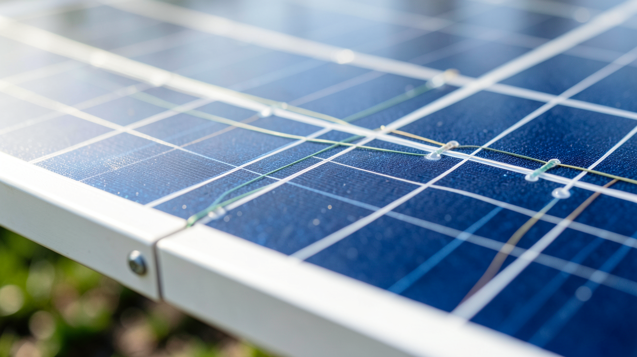 panneaux voltaique montrant les cellules photovoltaïques et les connexions électriques en gros plan