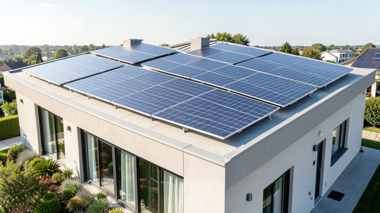 panneaux voltaique installés sur le toit d'une maison moderne sous un ciel bleu