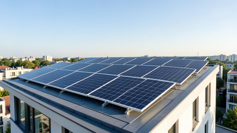 panneaux voltaiques EDF installés sur le toit d'une maison urbaine moderne sous un ciel dégagé