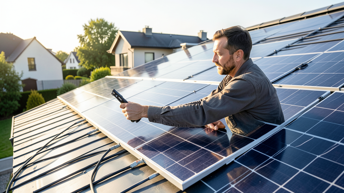 panneaux voltaiques lors des étapes d'installation d'un système photovoltaïque sur un toit résidentiel