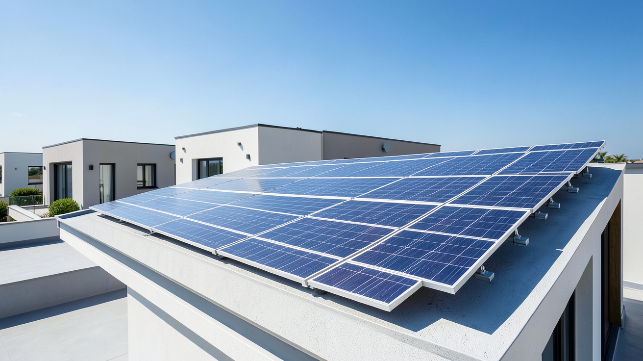 pano photovoltaic panels installed on a modern house roof under bright sunlight