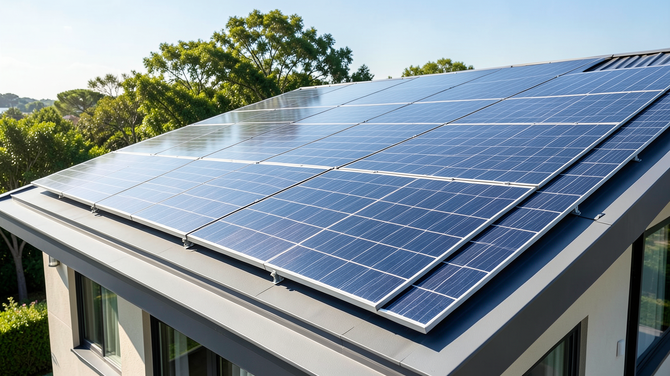 pano photovoltaic panels installed on a contemporary residential rooftop under bright sunlight