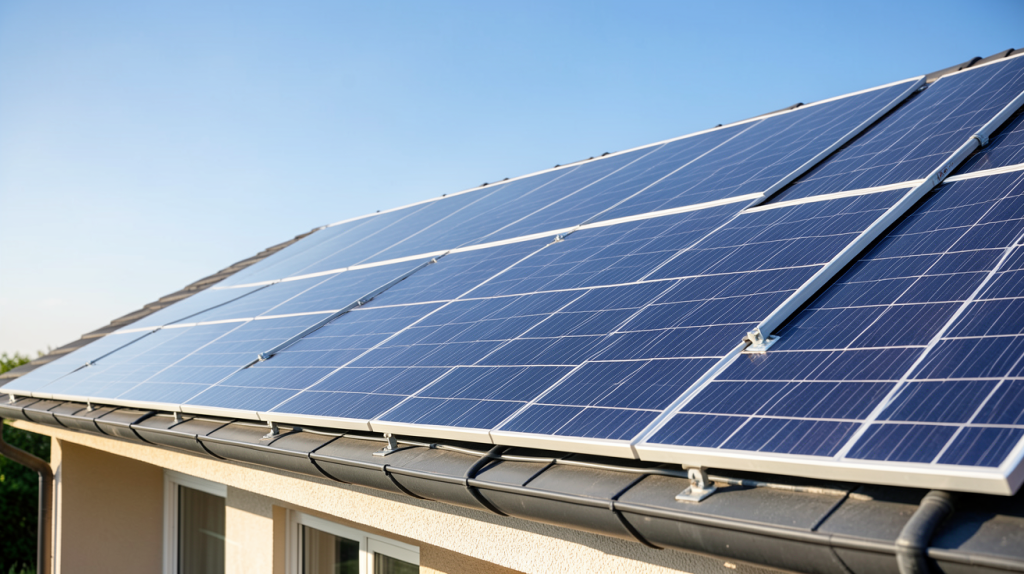 pano photovoltaic installé sur le toit d'une maison moderne avec des panneaux solaires en silicium monocristallin
