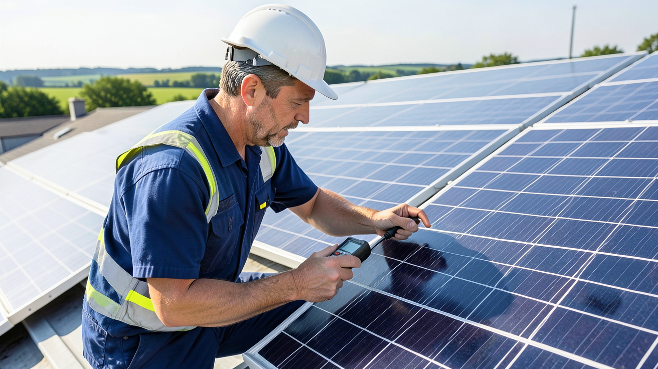 performance panneau solaire calculée par un professionnel avec un multimètre et un luxmètre sur un toit équipé
