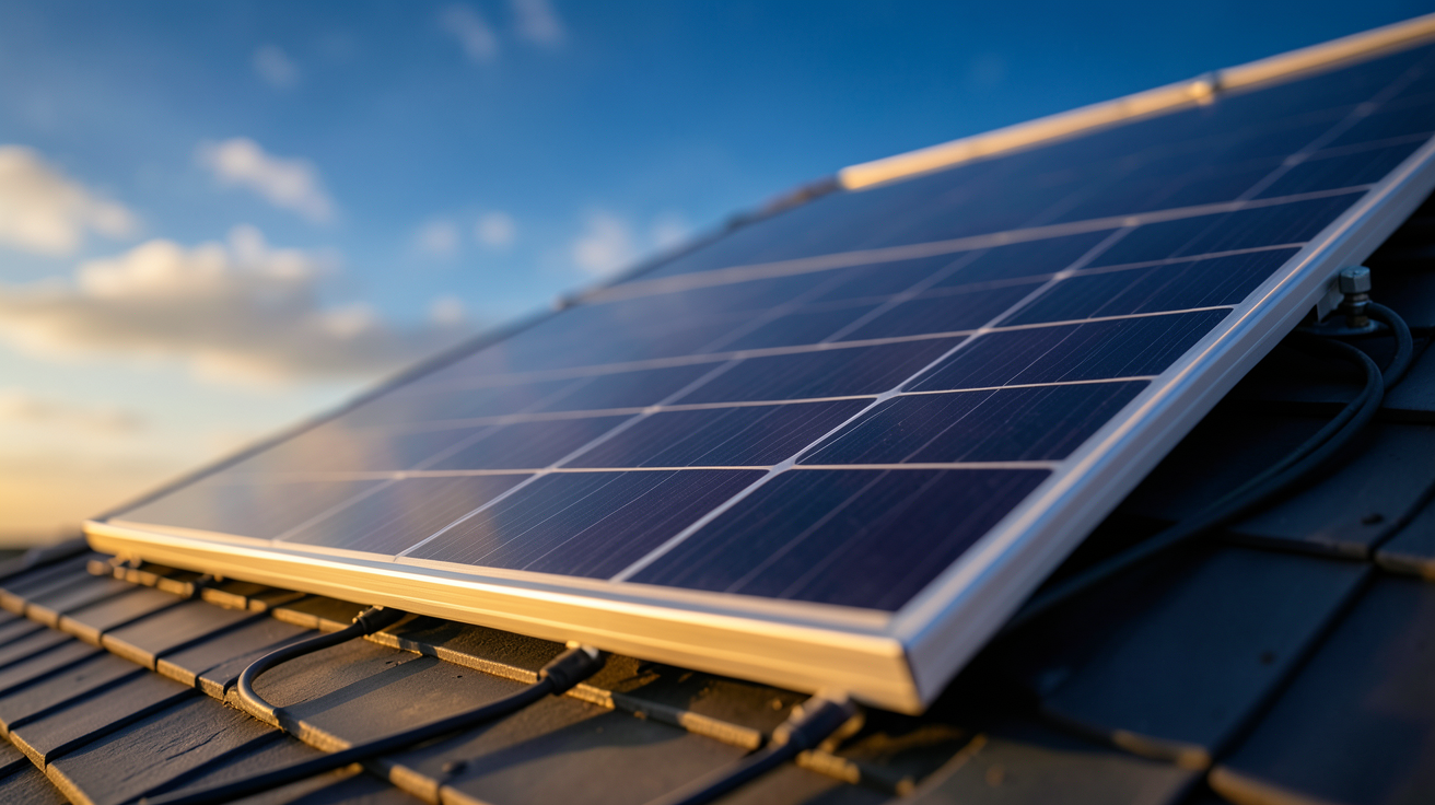 performance panneau solaire monocristallin haut de gamme installé sur un toit moderne avec une lumière naturelle dorée
