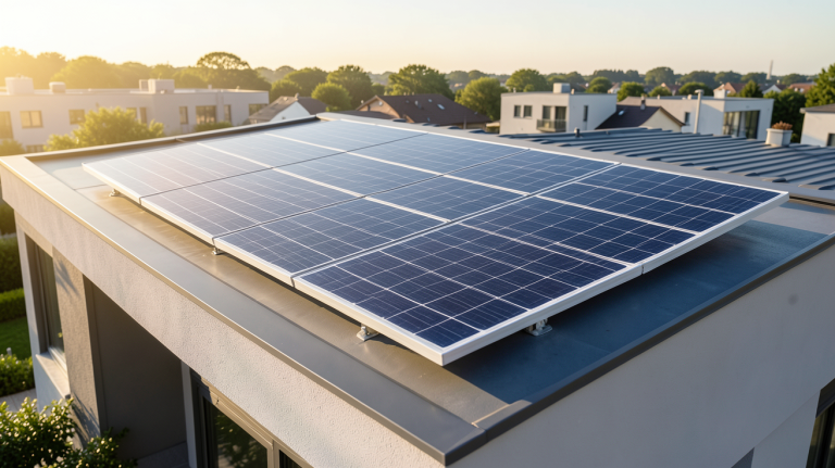 performance panneau solaire installé sur le toit d'une maison moderne avec un ciel bleu clair