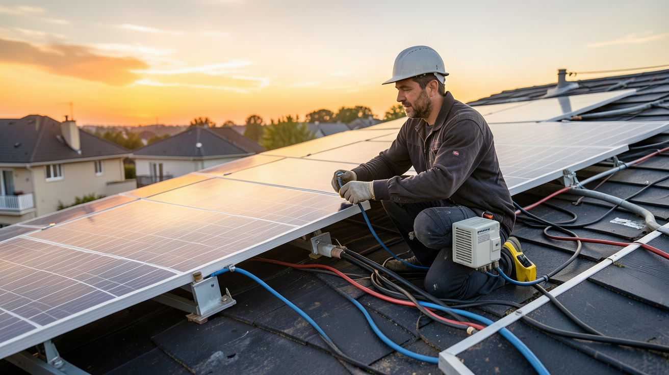 performance panneau solaire : technicien installant des panneaux solaires sur un toit résidentiel pour optimiser l'installation